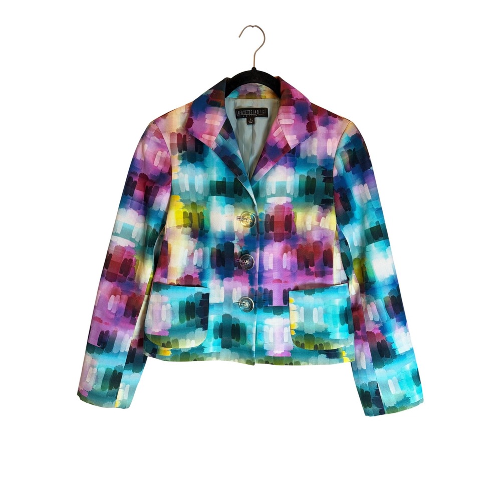 Lafayette 148 New York Petite Blazer 6 Multi Color Abstract Cotton Jacket